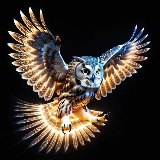 Prompt: Epic painting of a fantasy flying owl with light tracing, light trail photography, fibre optics. Dark background. 64k. Brilliant and dramatic illumination. Corona effect.
