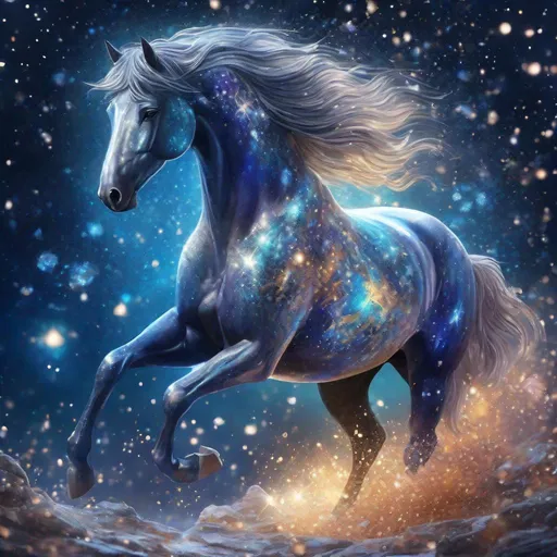 Prompt: A fantasy stallion made of the element earth surrounded by glittering of tiny crystals, twinkling, highly detailed painting, photorealistic, magical atmosphere, 8k