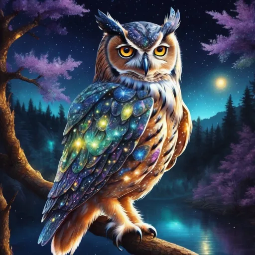 Prompt: Fantasy owl with intricate glittering and made of delicate iridescent crystals. Sparkling. Starry night. Nature environment. Magical atmosphere. Photorealistic. Highly detailed painting. 64k resolution.