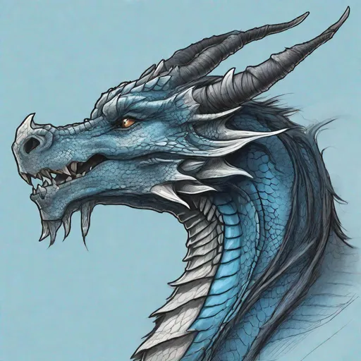 Prompt: Concept design of a dragon. Dragon head portrait. Side view. Coloring in the dragon is predominantly dark gray with sky blue streaks and details present.