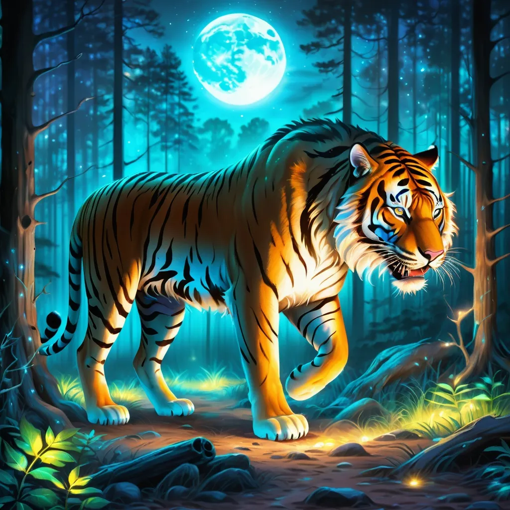 Prompt: Majestic tiger with glowing bioluminescent stripes. (Tiger quadruped). Dense forest with bones on the ground. Moonrise. Bioluminescence. Magical atmosphere. Photorealistic. Highly detailed painting. 8k. HDR.