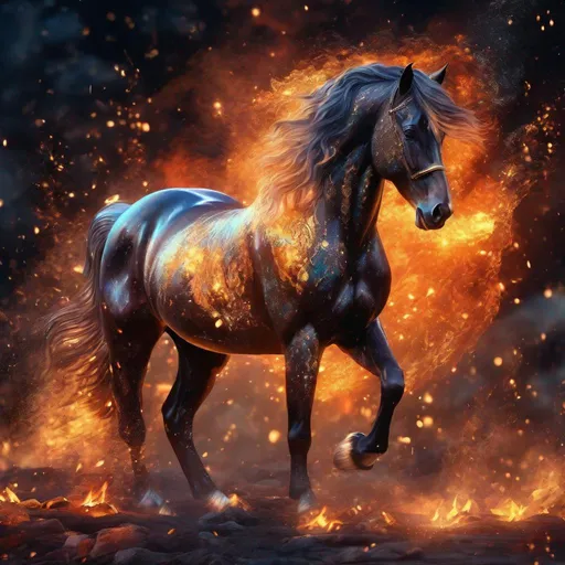 Prompt: A fantasy stallion made of the element fire with beautiful features surrounded by glowing embers, highly detailed painting, photorealistic, sparkles, magical atmosphere, 8k, dramatic