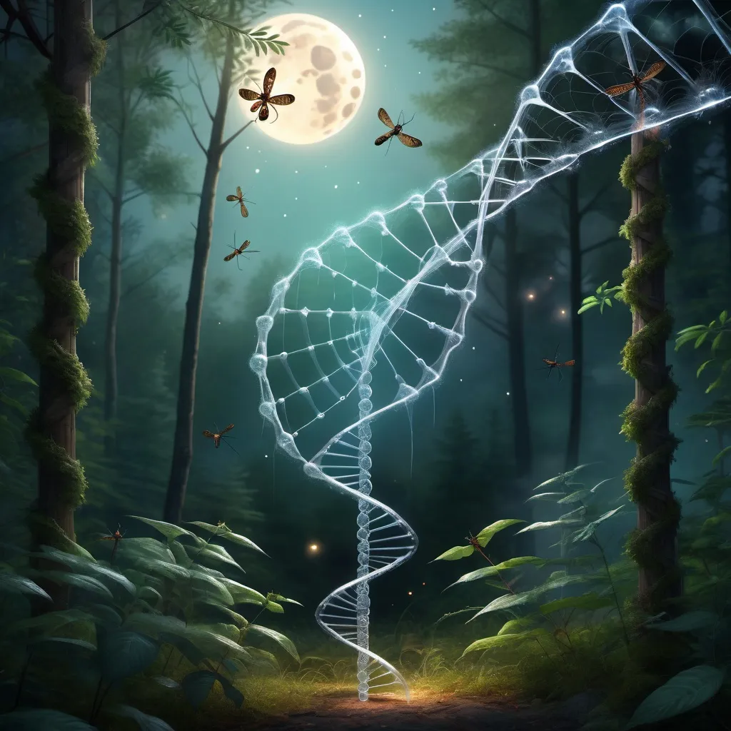 Prompt: Magical (spider web:1.3) in the form of a (DNA double-helix:1.3) structure. (Single:1.1) DNA helix strand in web. DNA double-helix clearly seen. Forest environment surrounded by dragonflies. Sparkling. Moonrise setting. Magical atmosphere. Photorealistic. Highly detailed painting. 8k.