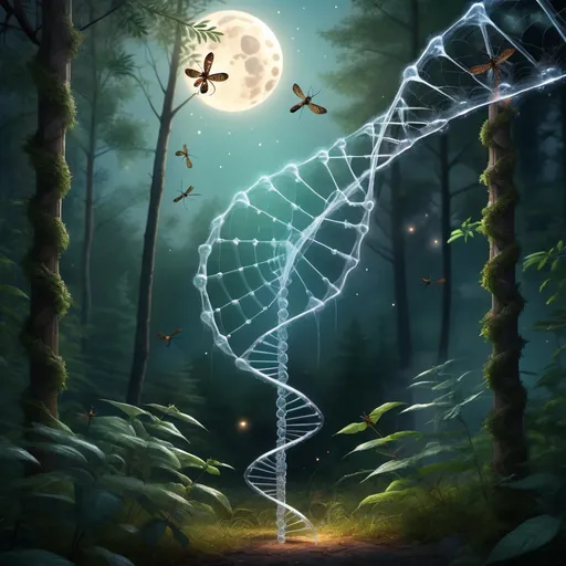 Prompt: Magical (spider web:1.3) in the form of a (DNA double-helix:1.3) structure. (Single:1.1) DNA helix strand in web. DNA double-helix clearly seen. Forest environment surrounded by dragonflies. Sparkling. Moonrise setting. Magical atmosphere. Photorealistic. Highly detailed painting. 8k.