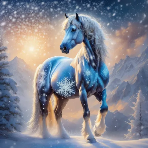 Prompt: A fantasy (stallion) made of snow with elegant features surrounded by glittering of tiny snowflakes in the sky, twinkling, highly detailed painting, photorealistic, magical atmosphere, 8k, beautiful, calm, corona effect