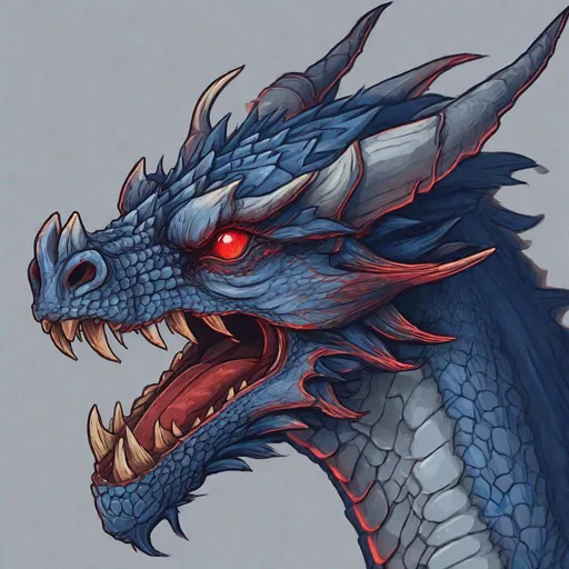 Prompt: Concept design of a dragon. Dragon head portrait. Coloring in the dragon is predominantly dark blue with subtle red streaks and details present.