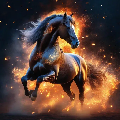 Prompt: A fantasy stallion made of the element fire with beautiful features surrounded by glowing embers, highly detailed painting, photorealistic, sparkles, magical atmosphere, 8k