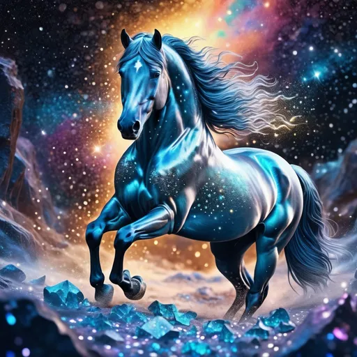 Prompt: A fantasy stallion made earth. Surrounded by glittering of tiny crystals. Twinkling. Highly detailed painting. Photorealistic. Magical atmosphere. 8k.