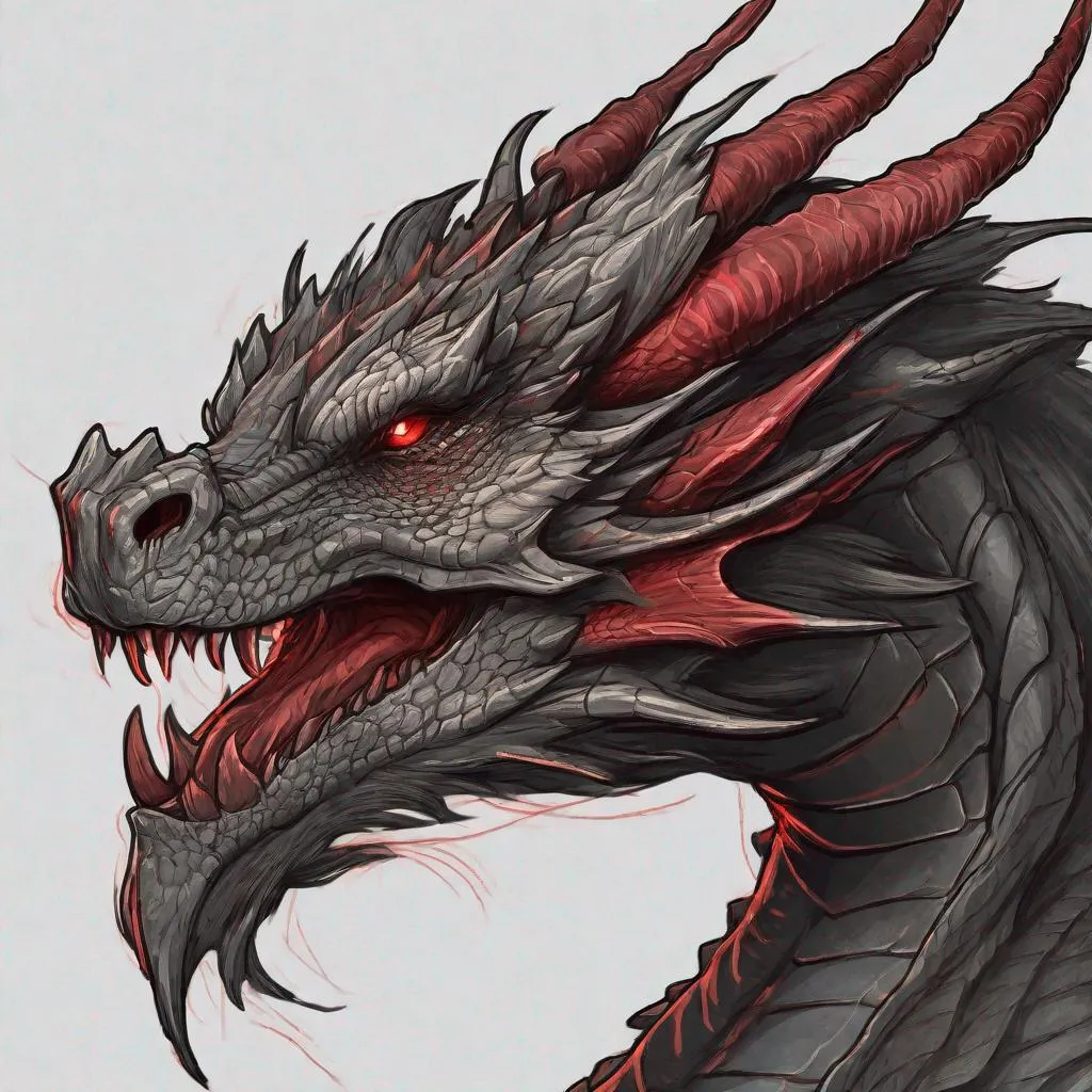 Prompt: Concept design of a dragon. Dragon head portrait. Coloring in the dragon is predominantly dark gray with subtle red streaks and details present.