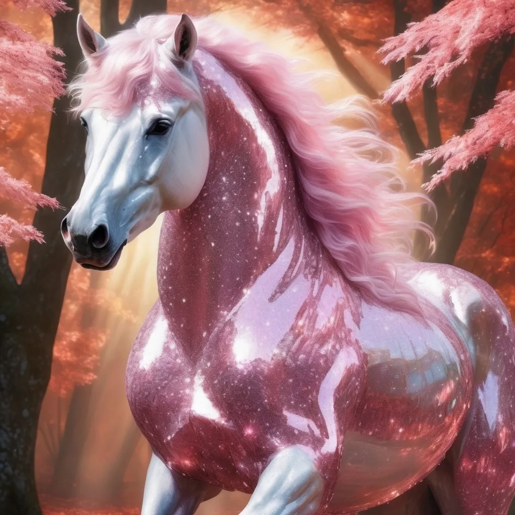 Prompt: Majestic stallion made of rose-quartz crystal. Stallion's body is crystalline and sparkles in the light. Sparkling. Twinkling. English autumn environment. Magical atmosphere. Photorealistic. Highly detailed painting. 64k resolution. HDR. UHD. DSLR.