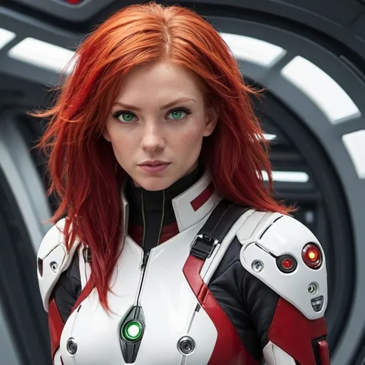 Prompt: female, sci fi, pilot, red hair, green eyes, white suite, red armor