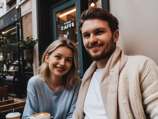 Prompt: A couple having coffee in a cozy cafe.
