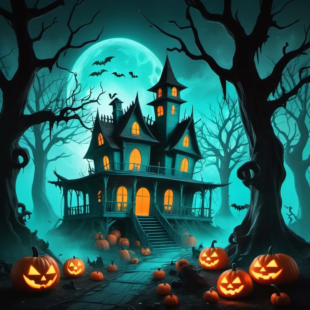 Prompt: A spooky forest with an aqua glow with a haunted house, a witch and orange blowing pumpkins