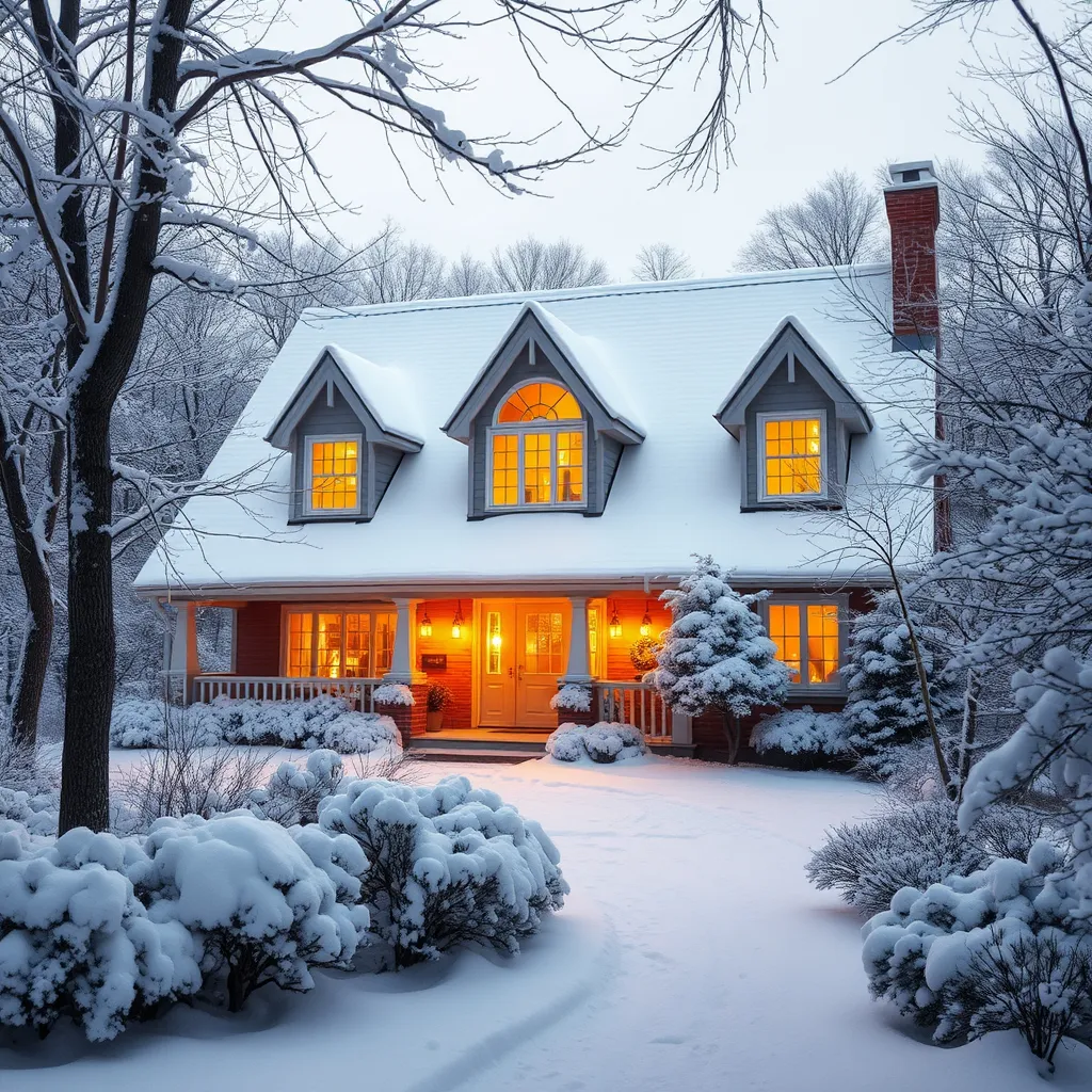 Prompt: A charming home covered in snow, warm golden light glowing from the windows, surrounded by snow-dusted trees and a cozy winter atmosphere