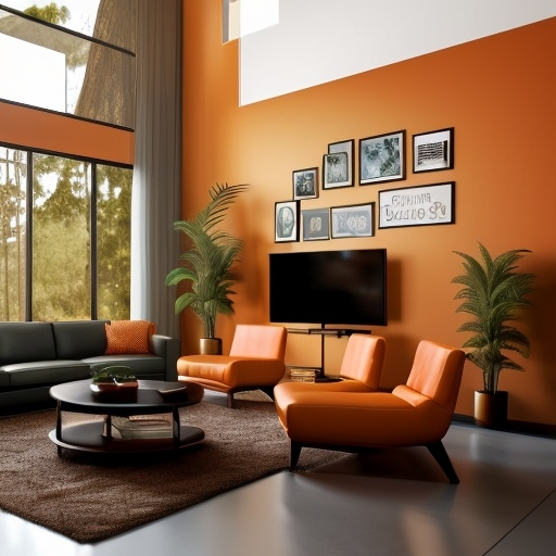 Prompt: a modern,cozy living room with a warm "welcome home" sign on the wall, bright natural lighting, and hints of orange decor