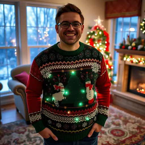 Prompt: A cheerful person wearing an over-the-top ugly Christmas sweater, standing in a festively decorated living room with holiday lights and snow visible through the windows.