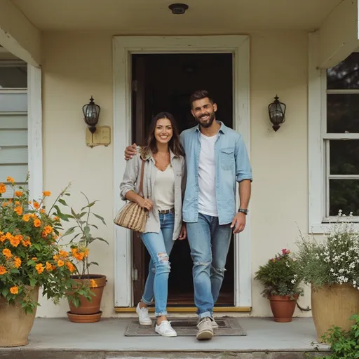 Prompt: a couple entering a newly bought house with bright smiles, the house featuring a charming front porch with orange flowers