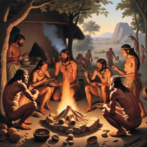 Prompt: Scenes of the life of ancient humans or ancestors, such as a group of people making a fire to cook food