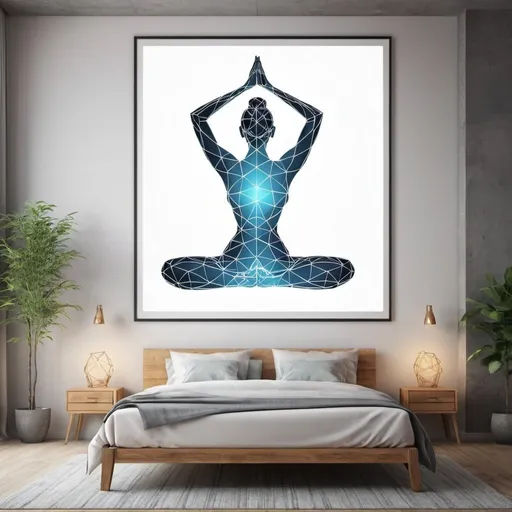 Prompt: Abstract yoga wall art set (3 prints), geometric yoga poses, energy flow patterns, ethereal landscapes, wireframe sculpture, translucent materials, high quality, ethereal, abstract, geometric, balanced, yoga poses, energy flow, ethereal landscapes, wireframe sculpture, translucent materials, professional, detailed