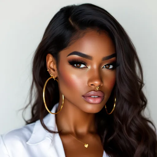 Prompt: exotic looking black woman with dark brown long soft locks with gold hair jewerly, mysterious deep brown eyes, full lips, wearing a white shirt, a small gold heart necklace,  small gold nose ring and big gold hoop earrings and a white background