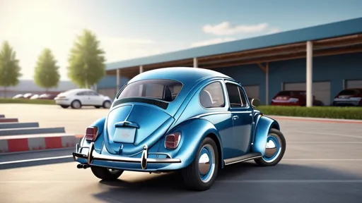 Prompt: steel blue metallic Classic VW Beetle on parking lot , realistic 3D rendering, natural color