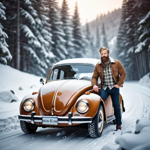 Prompt: snow alps, Intense, passionate,  realistic, balding brown-blonde big-bearded man with flanellshirt, short hair, detailed facial features, realistic VW classic Beetle with wintertires drifting in snow, vintage, vinatge car, forrest location, high quality, realistic, detailed, rugged, snowy setting, happy expression, dynamic action, winter colors, atmospheric lighting, high-res, 4k