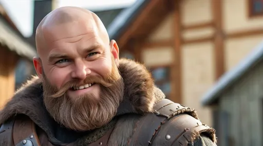 Prompt: bald brown greyish vikingbearded light overweight hairy handsome man, happy face, create lookalike, full body
