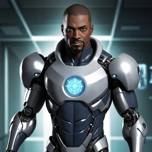 Prompt: Agent Alpha aka: Mandroid (Dr. Isaiah "Zeke" Harper): A brilliant scientist with cybernetic enhancements, energy manipulation, and advanced hacking abilities. Driven by a quest for justice and technological superiority.