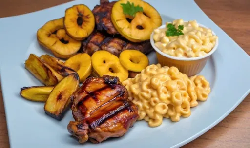 Prompt: create a super realistic vibrant Jamaican meal on a plate the combo has Includes 1 piece Chicken Thigh (Barbecue), 1 Festival, a small Mac & Cheese, Fried Plantains, and a small 8 oz Ice-Tea/Lemonade. Use a photo from a jamaican menu

