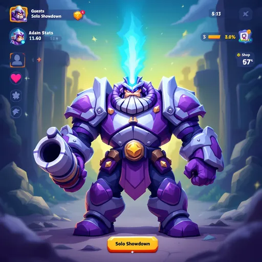 Prompt: Set against a vibrant, cartoonish backdrop, a robust character in a striking armor stands confidently at the center, radiating an air of power and readiness for battle. The character, equipped with a formidable cannon-like weapon, is adorned with purple and white hues, adding an imposing yet playful aesthetic to the scene. A glowing blue light emanates from its forehead, accentuating its fierce expression. In the interface, various game elements such as user stats, a quest tracker, and a colorful shop button are visible, creating a lively gaming atmosphere. The overall composition, with its whimsical colors and dynamic design, suggests an energetic, competitive vibe indicative of a multiplayer gaming experience, inviting players to dive into action with options like "Solo Showdown."