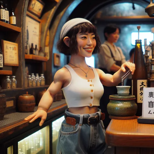 Prompt: 1990's, full body shot, beautiful, perfect face, gorgeous, small, young, attractive  Japanese woman with dwarfism, tiny body, tiny legs, tiny arms, dimples, smiling, wearing a   white cropped tank top, waddling on the bar, serving some hot sake at the bar to patrons, inside a Tavern, curvaceous, steampunk,  cool, gritty, best quality, ultra high res, (photorealistic:1.5), (hyper Realistic:1.5