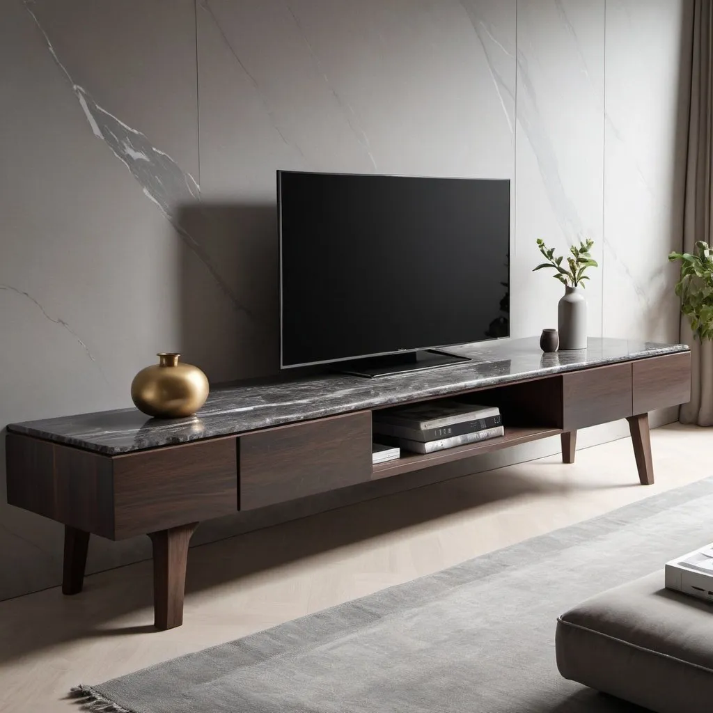 Prompt: An dark brown wood tv table measuring 4 meters in width with grigio (grey) marble surface and attachment under and across the table.