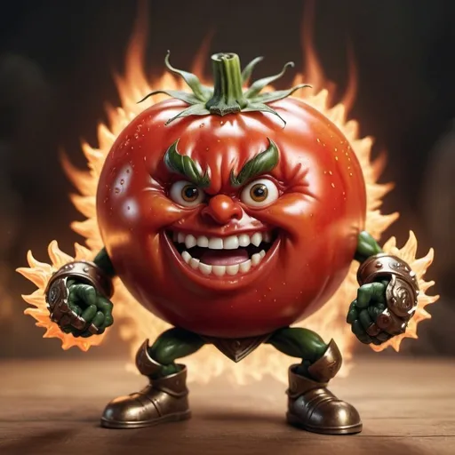 Prompt: hyper-realistic generate Tomato has a warrior character with fire hands, fantasy character art, illustration, dnd, warm tone