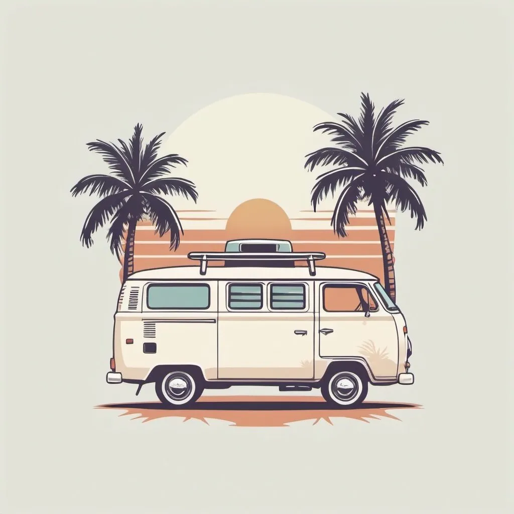 Prompt: Illustrated T-shirt design of flat vintage van with palm trees, vector, solid white background, simple color palette