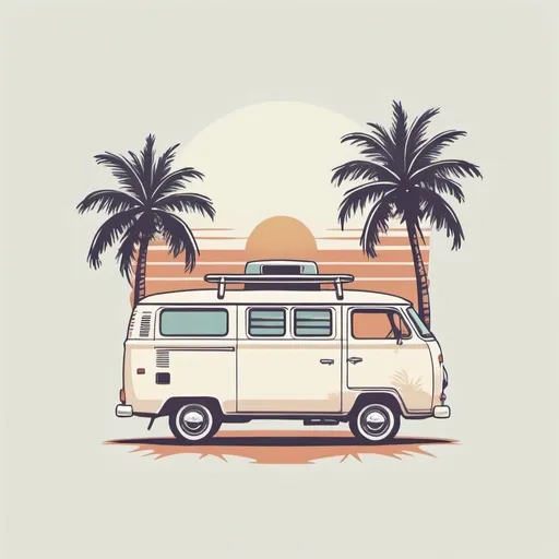 Prompt: Illustrated T-shirt design of flat vintage van with palm trees, vector, solid white background, simple color palette