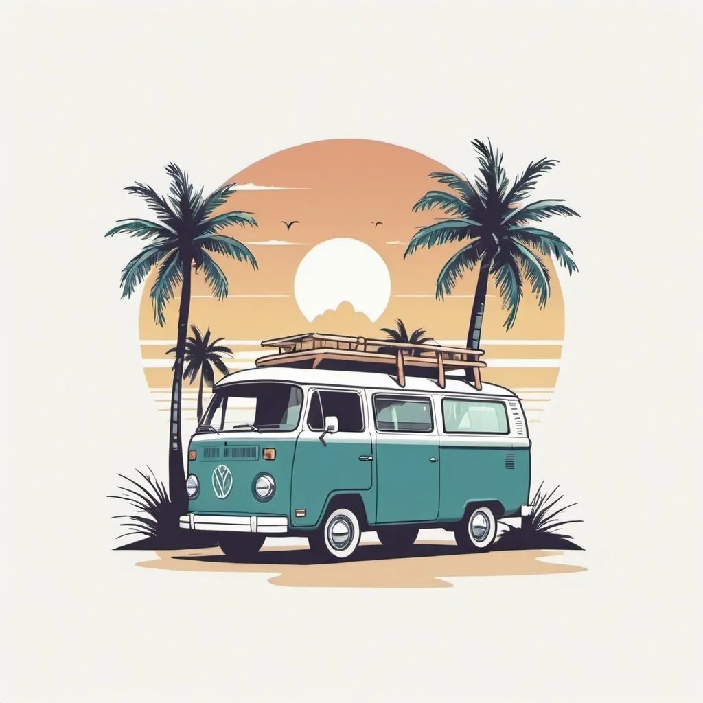 Prompt: Illustrated T-shirt design of flat vintage van with palm trees, vector, solid white background, simple color palette