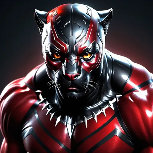 Prompt: High-resolution digital art of a fierce red panther, photorealistic style, black panther superhero inspiration, intense and menacing gaze, sleek and shiny fur, detailed muscle structure, dramatic lighting, vibrant red and black tones, superhero theme, photorealistic, intense gaze, sleek design, dramatic lighting