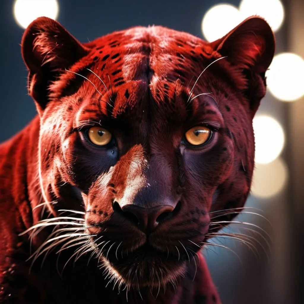 Prompt: Detailed, high-quality photograph of a majestic red panther resembling Black Panther, intense and focused gaze, professional photography, realistic rendering, intense red and black tones, dramatic lighting, detailed fur with subtle highlights, powerful and sleek design, city lights casting a dramatic glow, best quality, highres, ultra-detailed, photography, realistic, intense red tones, dramatic lighting, detailed fur, sleek design, professional