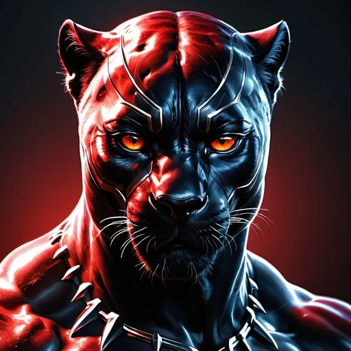 Prompt: High-resolution digital art of a fierce red panther, photorealistic style, black panther superhero inspiration, intense and menacing gaze, sleek and shiny fur, detailed muscle structure, dramatic lighting, vibrant red and black tones, superhero theme, photorealistic, intense gaze, sleek design, dramatic lighting