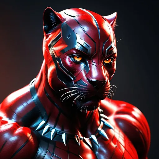 Prompt: High-resolution digital art of a fierce red panther, photorealistic style, black panther superhero inspiration, intense and menacing gaze, sleek and shiny fur, detailed muscle structure, dramatic lighting, vibrant red and black tones, superhero theme, photorealistic, intense gaze, sleek design, dramatic lighting