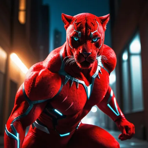 Prompt: Red Panther in the style of superhero, high-quality photography, sleek and powerful stance, intense gaze, vibrant red fur with dramatic lighting, urban setting, professional photography, highres, superhero, intense, powerful, sleek design, professional, vibrant red, dramatic lighting, urban setting
