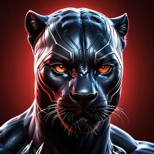 Prompt: High-resolution digital art of a fierce red panther, photorealistic style, black panther superhero inspiration, intense and menacing gaze, sleek and shiny fur, detailed muscle structure, dramatic lighting, vibrant red and black tones, superhero theme, photorealistic, intense gaze, sleek design, dramatic lighting