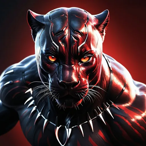 Prompt: High-resolution digital art of a fierce red panther, photorealistic style, black panther superhero inspiration, intense and menacing gaze, sleek and shiny fur, detailed muscle structure, dramatic lighting, vibrant red and black tones, superhero theme, photorealistic, intense gaze, sleek design, dramatic lighting