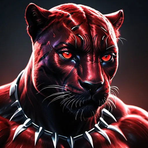 Prompt: High-resolution digital art of a fierce red panther, photorealistic style, black panther superhero inspiration, intense and menacing gaze, sleek and shiny fur, detailed muscle structure, dramatic lighting, vibrant red and black tones, superhero theme, photorealistic, intense gaze, sleek design, dramatic lighting