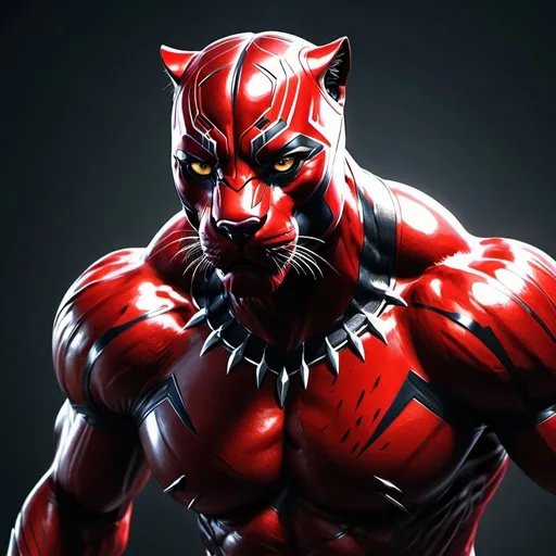 Prompt: High-resolution digital art of a fierce red panther, photorealistic style, black panther superhero inspiration, intense and menacing gaze, sleek and shiny fur, detailed muscle structure, dramatic lighting, vibrant red and black tones, superhero theme, photorealistic, intense gaze, sleek design, dramatic lighting