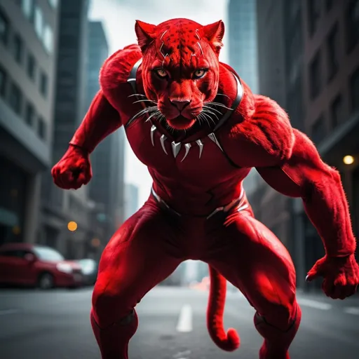 Prompt: Red Panther in the style of superhero, high-quality photography, sleek and powerful stance, intense gaze, vibrant red fur with dramatic lighting, urban setting, professional photography, highres, superhero, intense, powerful, sleek design, professional, vibrant red, dramatic lighting, urban setting