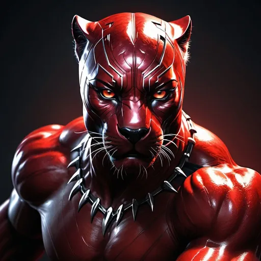 Prompt: High-resolution digital art of a fierce red panther, photorealistic style, black panther superhero inspiration, intense and menacing gaze, sleek and shiny fur, detailed muscle structure, dramatic lighting, vibrant red and black tones, superhero theme, photorealistic, intense gaze, sleek design, dramatic lighting