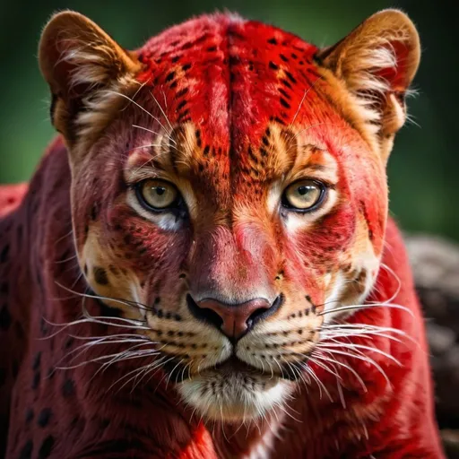Prompt: Highres, detailed red panther, photography, intense gaze, sleek fur, vibrant reds, professional, realistic lighting, wildlife, nature photography, animal portrait, close-up shot, detailed eyes, crisp texture, wildlife photography, best quality, intense, vibrant colors, detailed fur, dramatic lighting