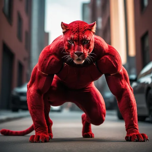 Prompt: Red Panther in the style of superhero, high-quality photography, sleek and powerful stance, intense gaze, vibrant red fur with dramatic lighting, urban setting, professional photography, highres, superhero, intense, powerful, sleek design, professional, vibrant red, dramatic lighting, urban setting