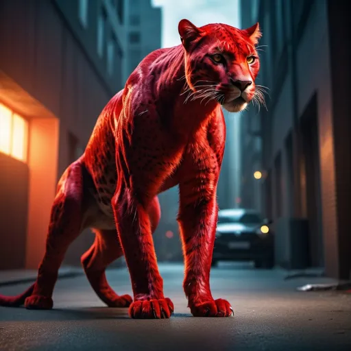 Prompt: Red Panther in the style of superhero, high-quality photography, sleek and powerful stance, intense gaze, vibrant red fur with dramatic lighting, urban setting, professional photography, highres, superhero, intense, powerful, sleek design, professional, vibrant red, dramatic lighting, urban setting